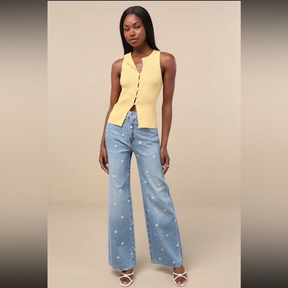 Lulu's Light Blue Floral Embroidered Flare Jeans
